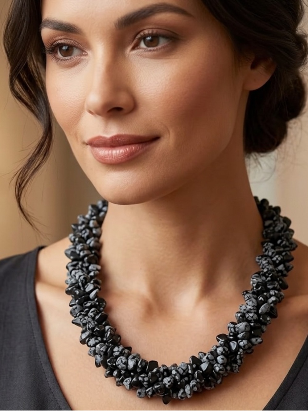 Snowflake Obsidian Chunky Statement Necklace and Bracelet Set 16" necklace